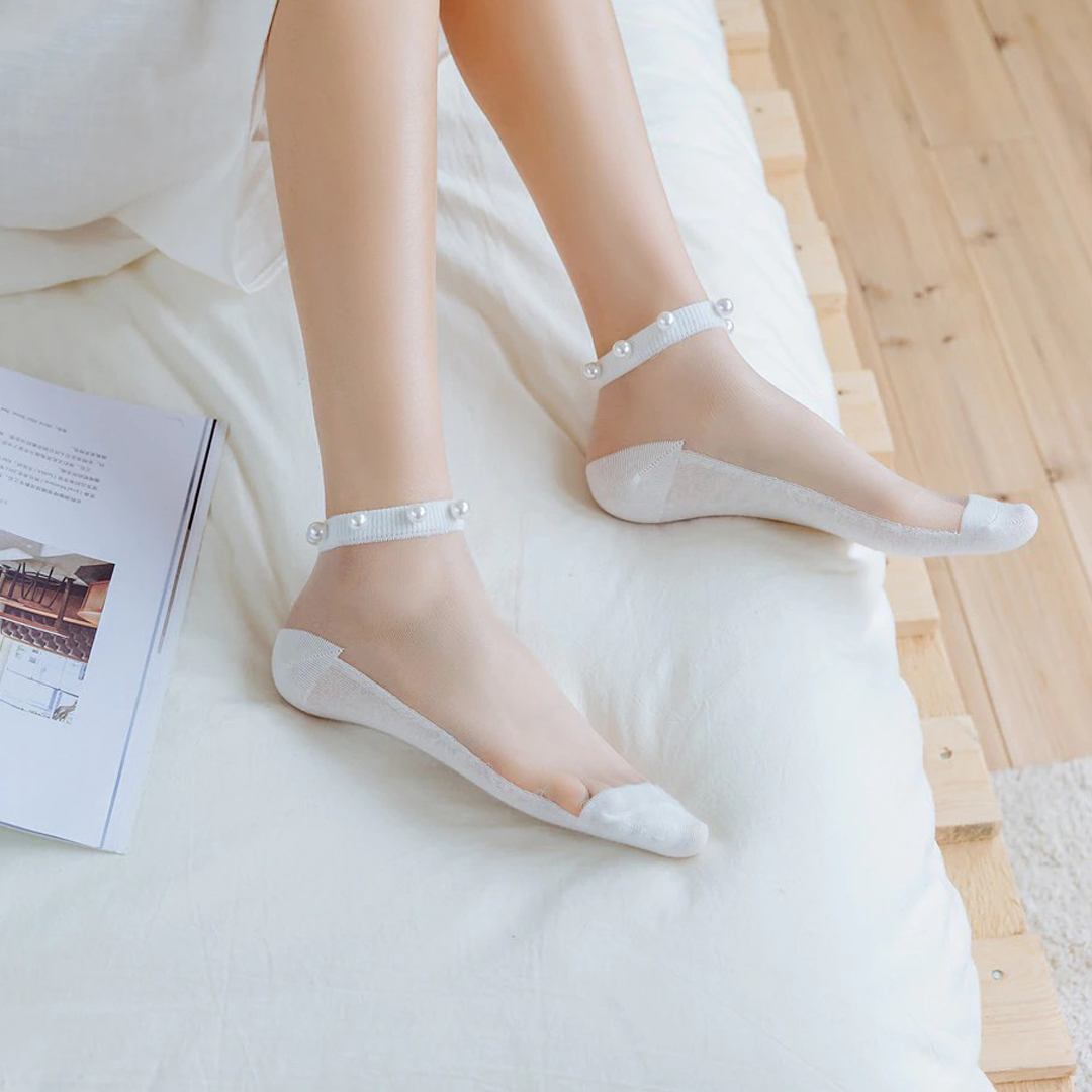 Women Summer Thin Transparent Pearl Lace Glass Silk Crystal Payel Socks-White image 2